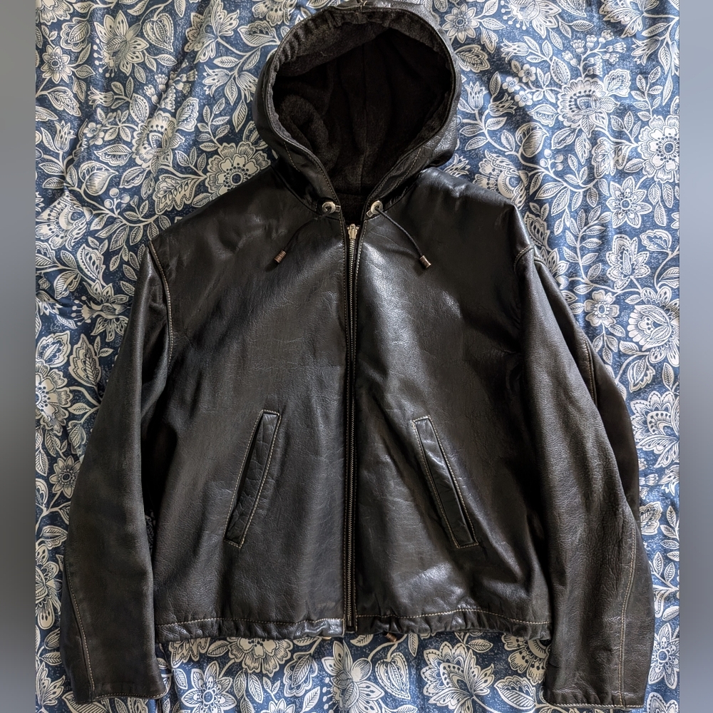 RUGBY NORTH AMERICA Men's Leather Hooded Jacket - Medium/Large